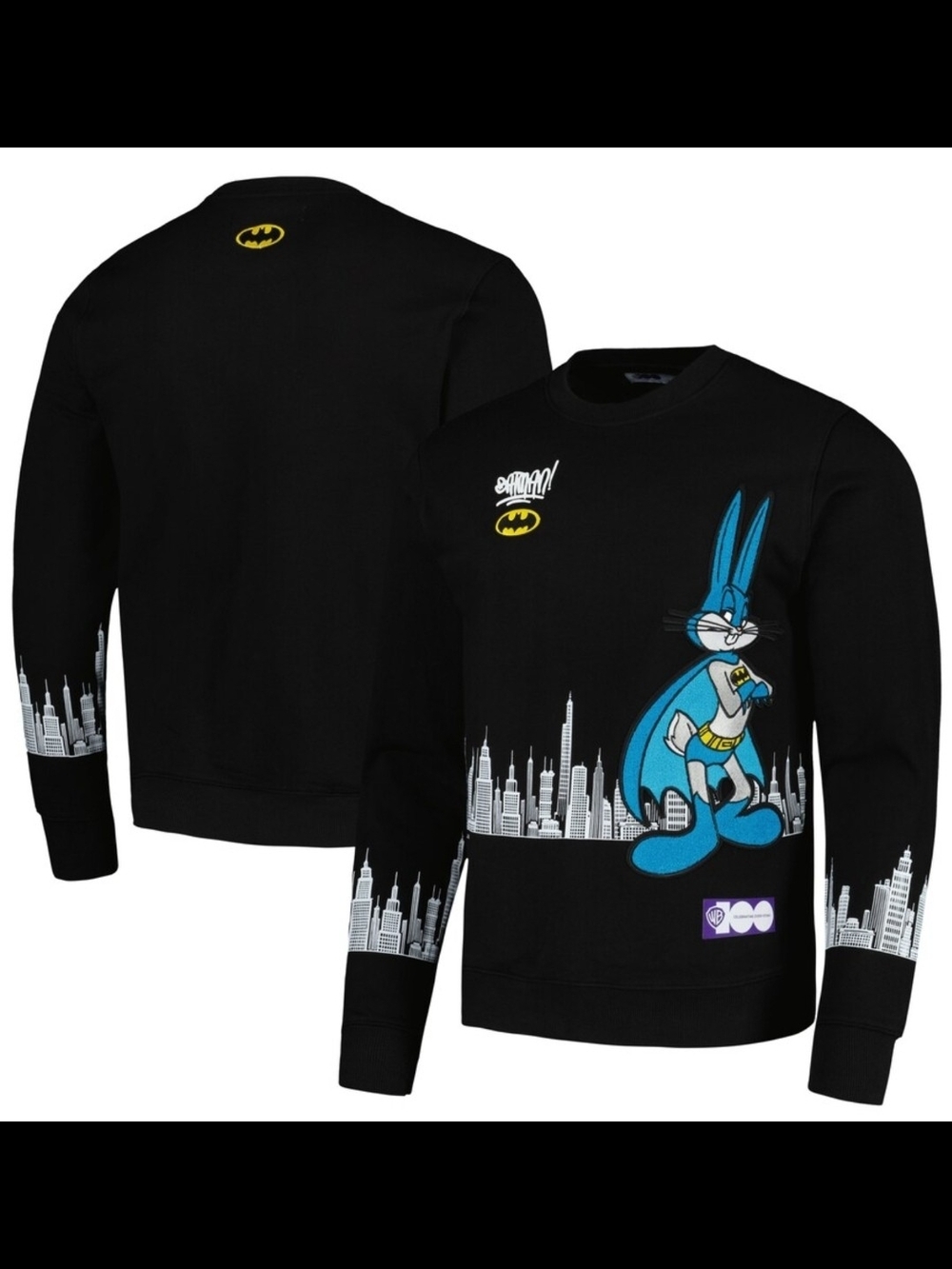 Warner Bros. Black Crewneck Sweatshirt with Blue Superhero Bunny Graphic